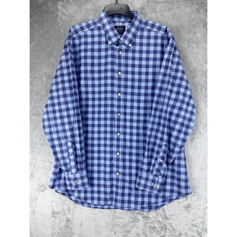 Charles Tyrwhitt Mens Dress Shirt XL Blue Cotton Plaid Classic Fit Sleeve Short